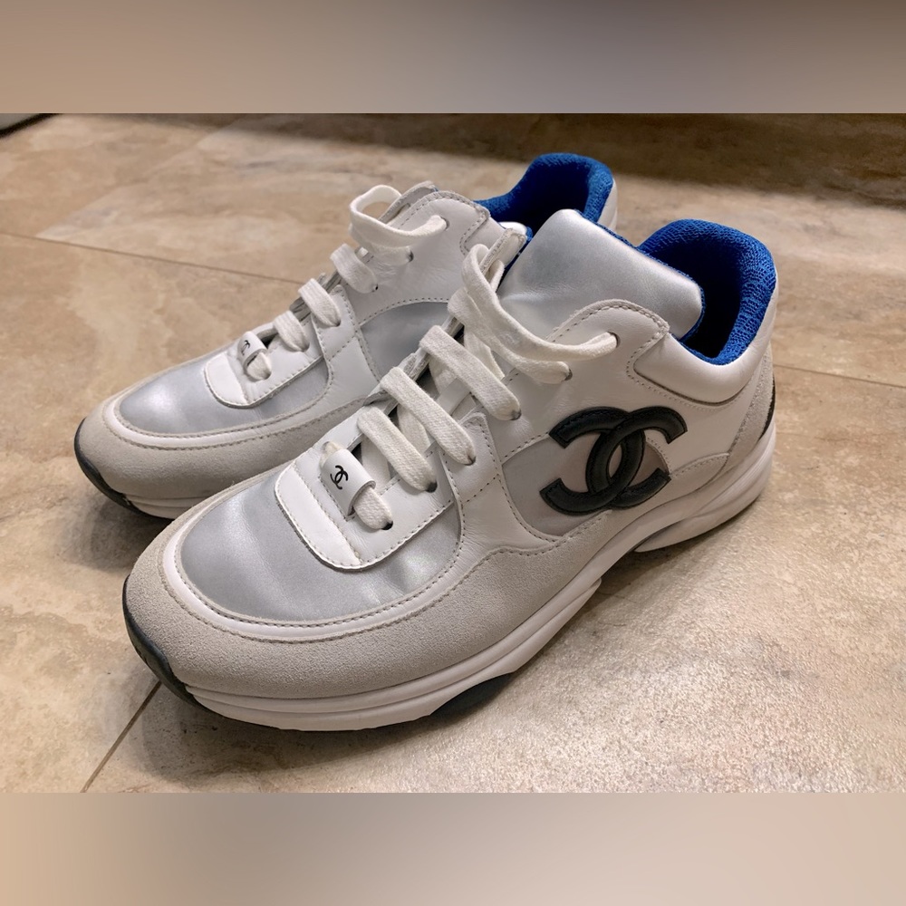 CHANEL Mesh Suede Calfskin Grained Calfskin Womens CC Sneakers 37 White Blue